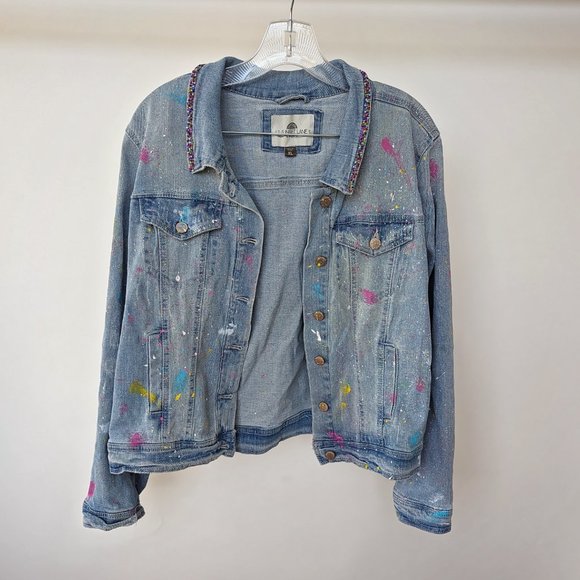 Paint Splatter Denim Jacket XL Handpainted Beaded - Picture 2 of 3